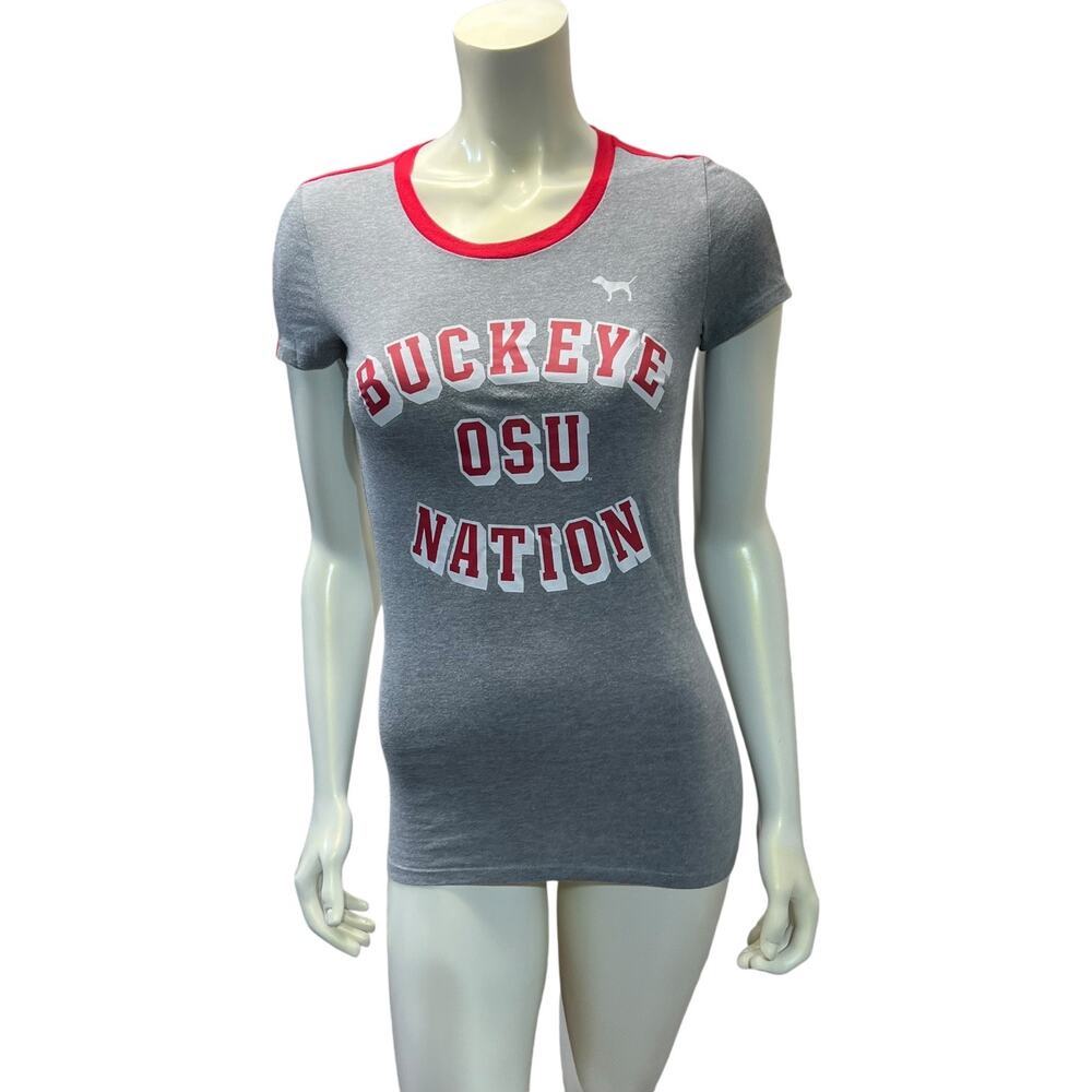 PINK Victoria's Secret OSU Buckeye Nation Gray Red Tee Athletic Small - Picture 11 of 12